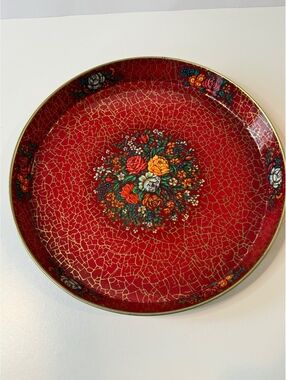 Vintage Daher Decorated Ware Floral Metal Tray England 12” Red Gold